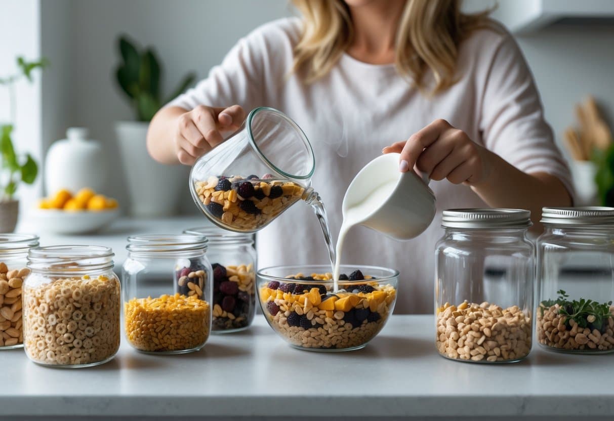 Person preparing a bowl of cereal infusion in a bright kitchen with jars of grains and natural ingredients on the countertop.