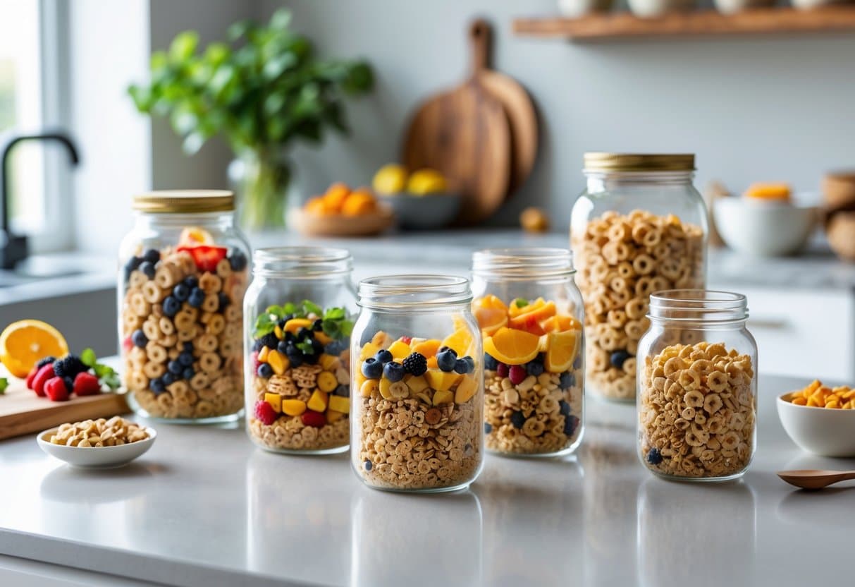 Glass jars filled with colorful cereal infusions displayed on a kitchen countertop with fresh fruits and kitchen utensils in the background.